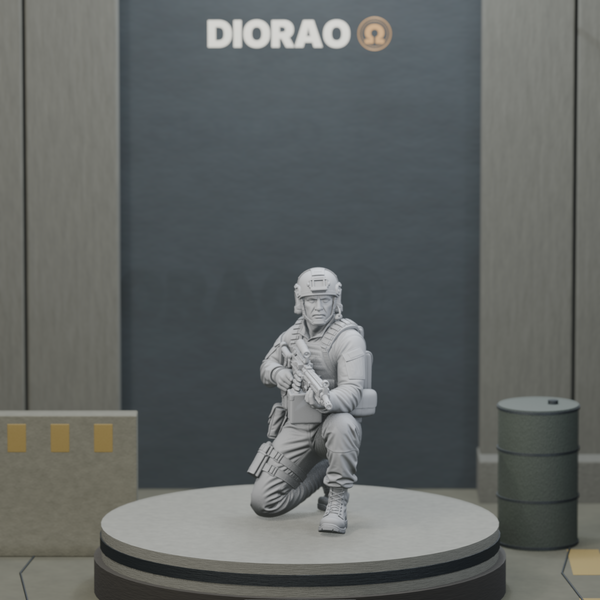 Squad Automatic Gunner Kneeling — actual STL on the DIORAO display stage, consistent physical scale. Scenery not included.