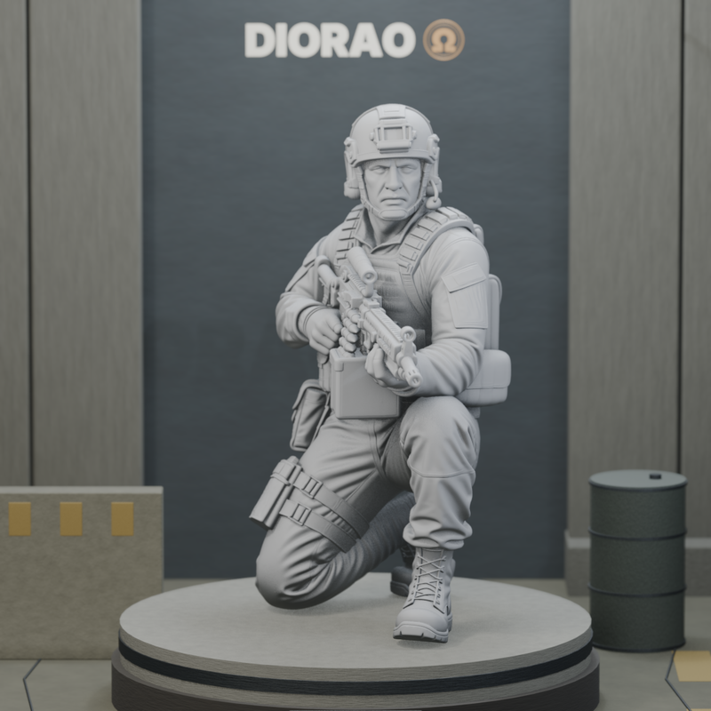 Squad Automatic Gunner Kneeling — actual STL on DIORAO display stage, enlarged framing; stage not included.