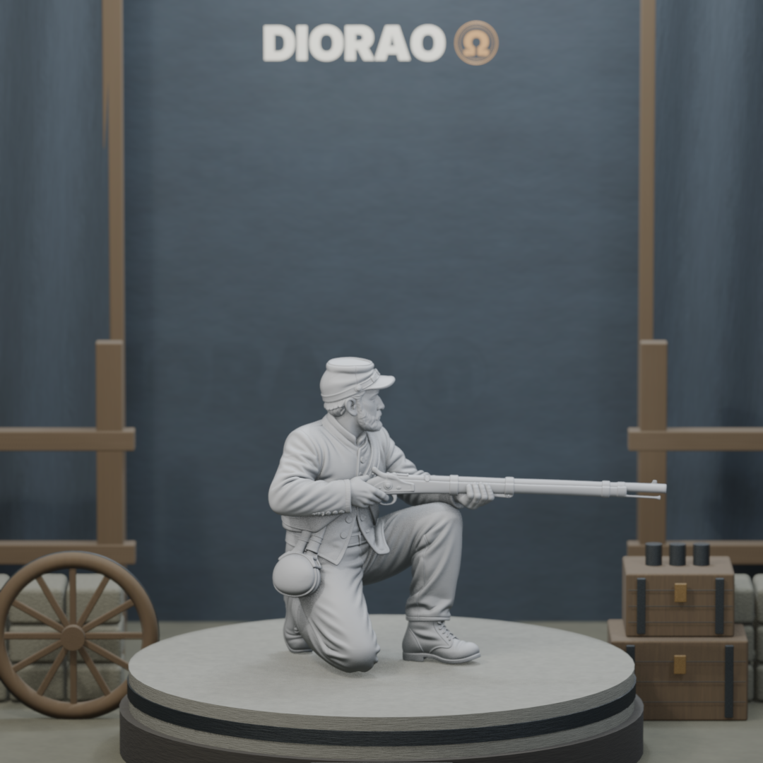 Confederate Skirmisher Kneeling - actual STL on the DIORAO display stage, consistent physical scale. Scenery not included.