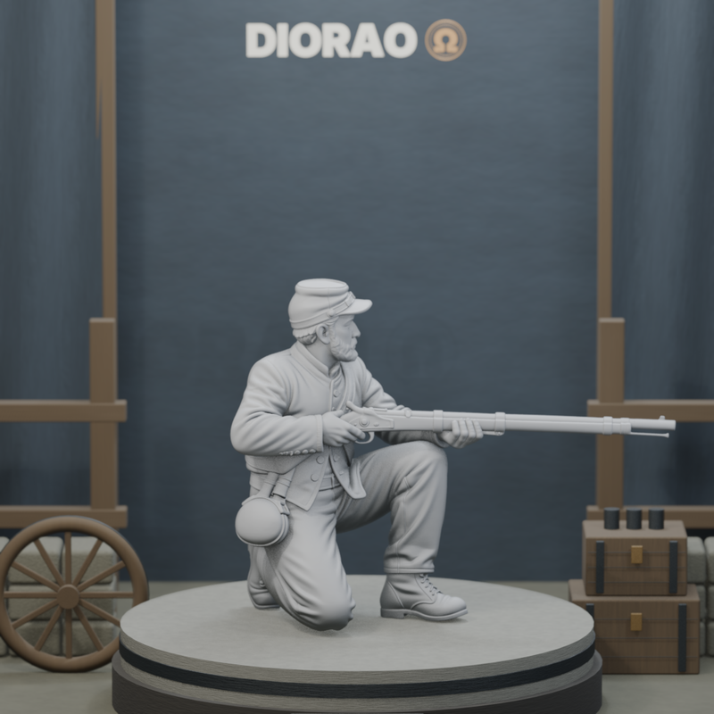 Confederate Skirmisher Kneeling — actual STL on DIORAO display stage, enlarged framing; stage not included.