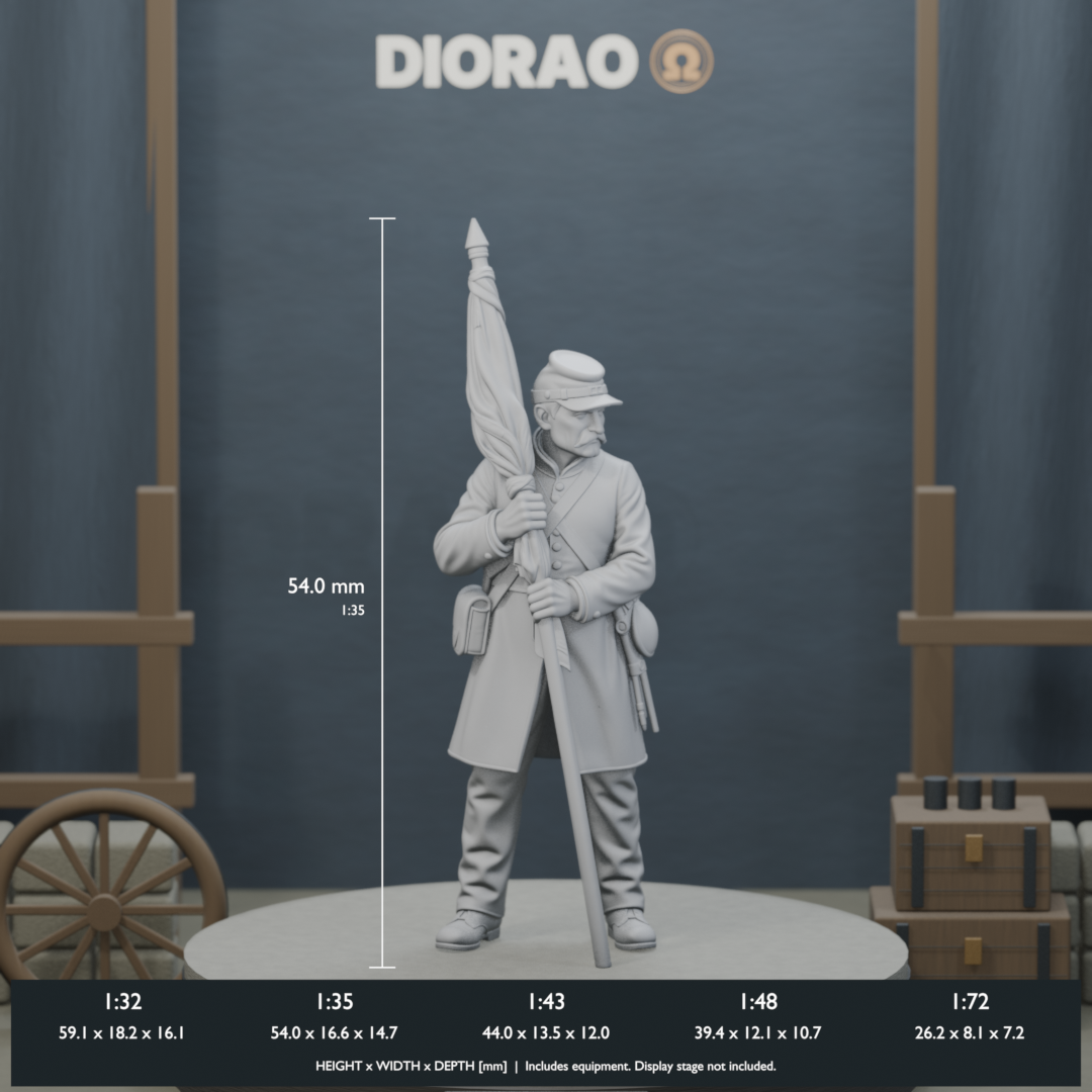 Union Color Sergeant With Furled Flag — actual STL dimensions in all five scales, height x width x depth in millimetres. Scenery not included.
