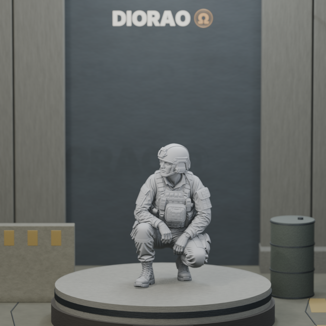 Combat Medic Crouched — actual STL on the DIORAO display stage, consistent physical scale. Scenery not included.