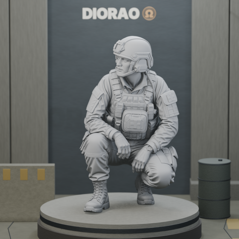Combat Medic Crouched — actual STL on DIORAO display stage, enlarged framing; stage not included.