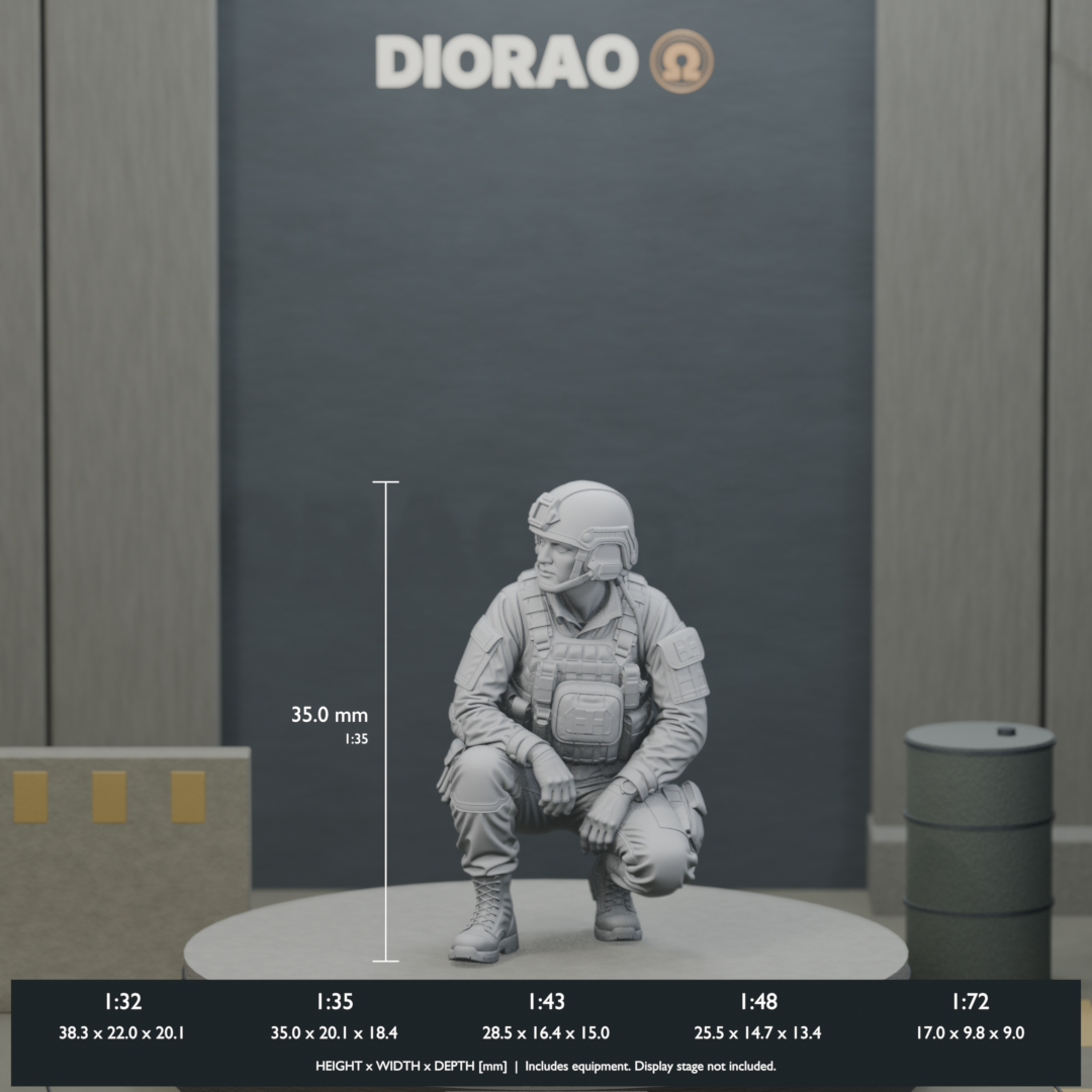 Combat Medic Crouched — actual STL dimensions in all five scales, height x width x depth in millimetres. Scenery not included.