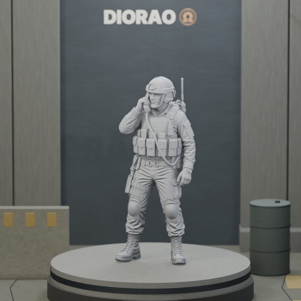 Radio Operator With Handset — actual STL on the DIORAO display stage, consistent physical scale. Scenery not included.