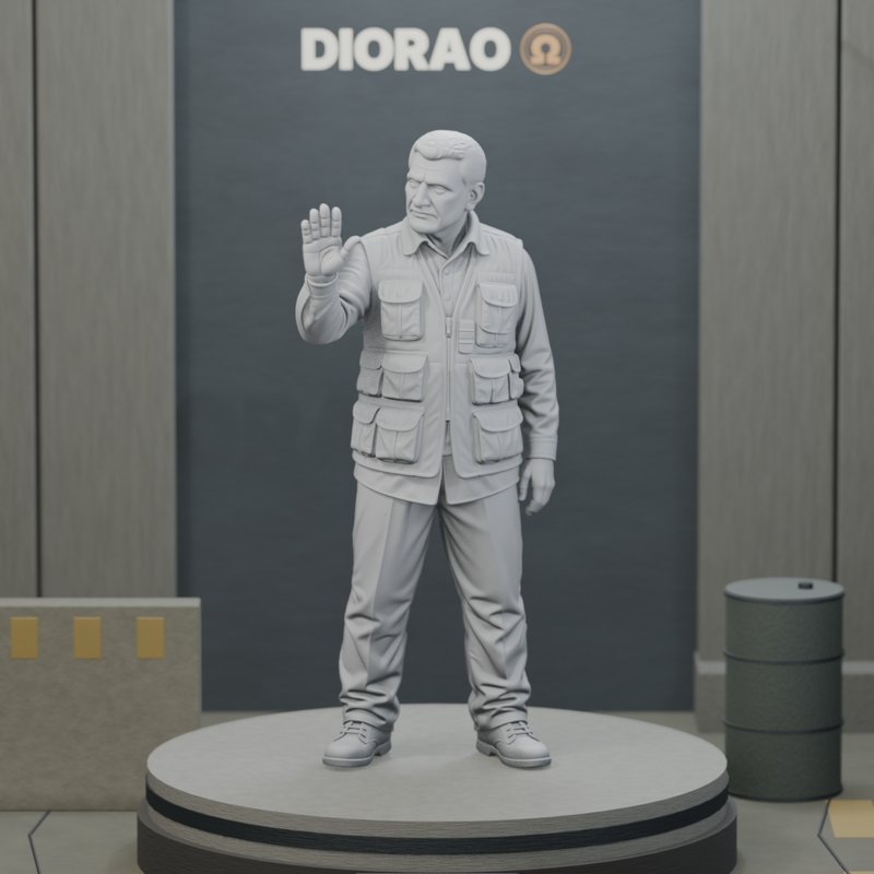 Interpreter In Patrol Vest — actual STL on DIORAO display stage, enlarged framing; stage not included.