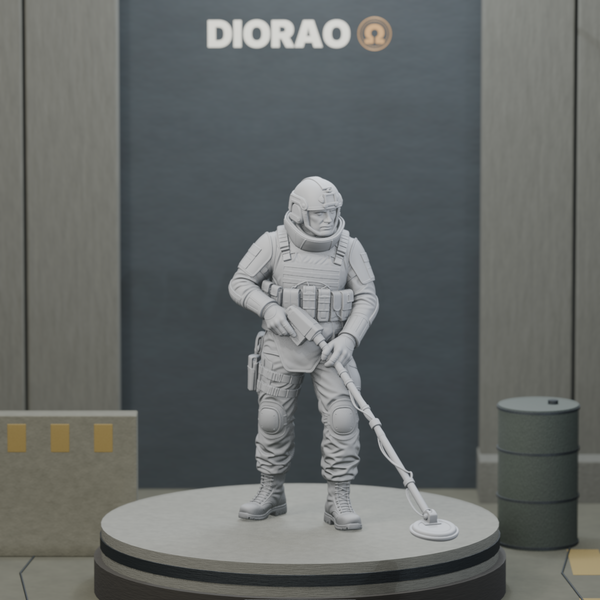 EOD Tech With Detector — actual STL on the DIORAO display stage, consistent physical scale. Scenery not included.