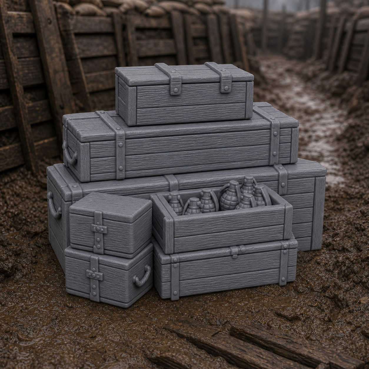 Ammunition Crate And Grenade Box Stack - WW1 trench stack of timber ammunition crates and a smaller grenade box, 1:35 scale grey resin miniature.
