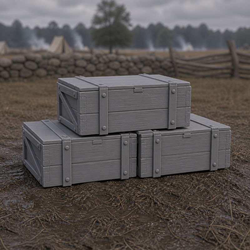 Ammunition Crate Stack - Civil War wooden ammunition crate stack with stencils, 1:35 scale grey resin miniature.
