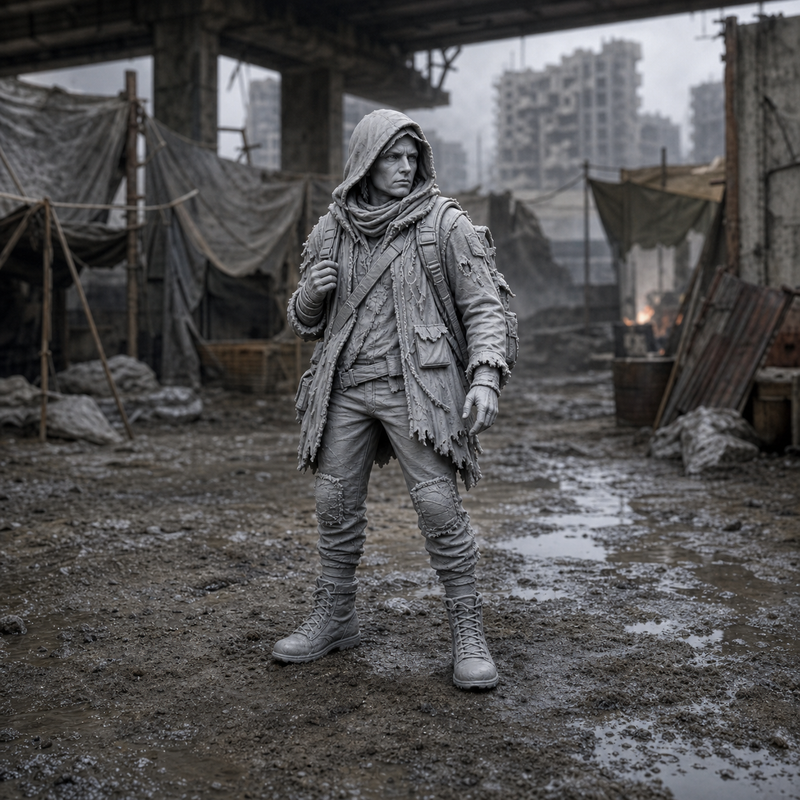 Ash Covered Camp Scout - near-future post-event camp scout in scavenged kit with respirator, 1:35 scale grey resin miniature.
