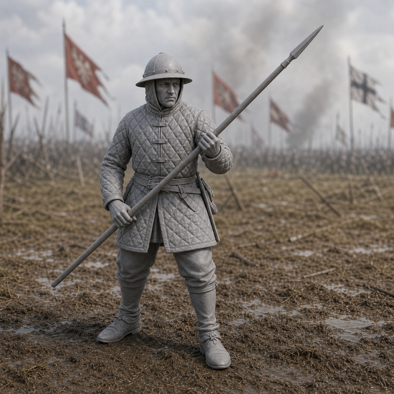 Bohemian Pike Infantryman - 15th century Bohemian mercenary pikeman at Grunwald, 1:35 scale grey resin miniature.