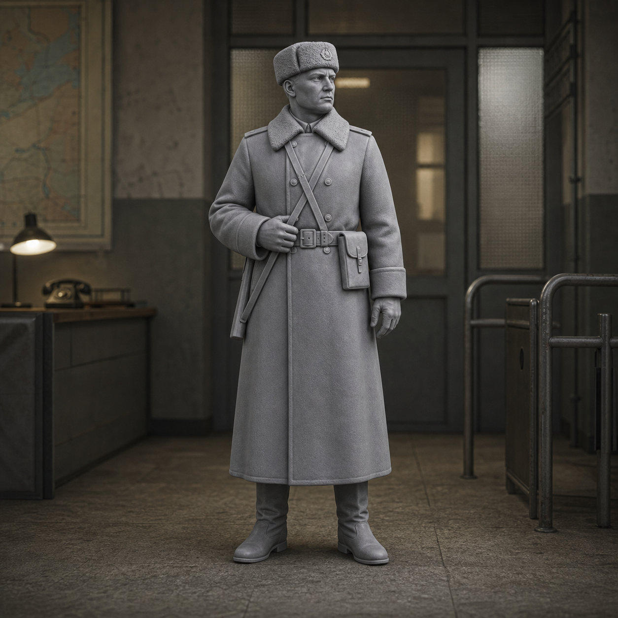 Border Guard Sentry In Greatcoat - Cold War Soviet KGB border guard in greatcoat with shouldered rifle, 1:35 scale grey resin miniature.