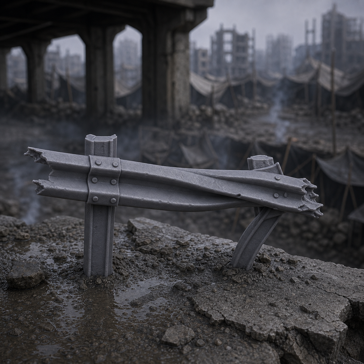 Broken Guard Rail Section - near-future apocalypse twisted broken highway guard rail section, 1:35 scale grey resin miniature.