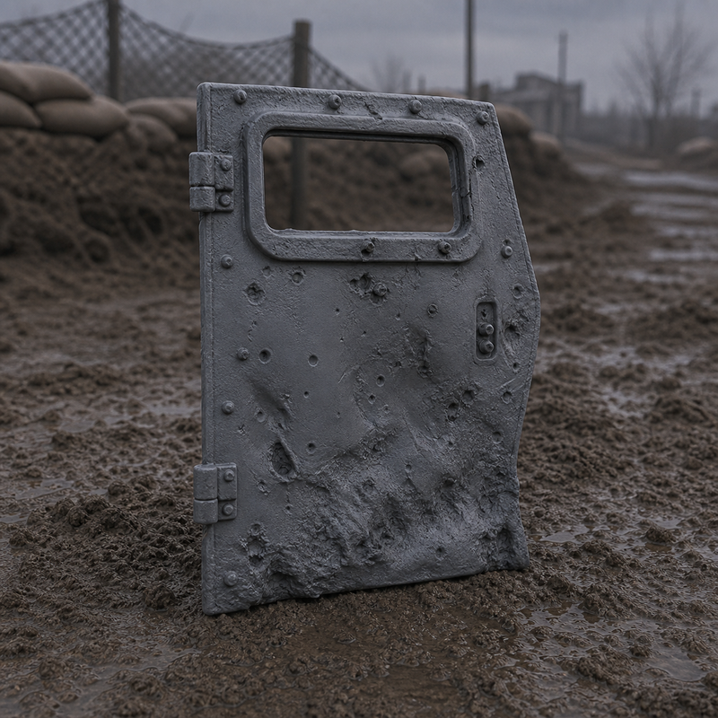 Burned Vehicle Door Shield - burned vehicle door used as an improvised trench shield, 1:35 scale grey resin miniature.