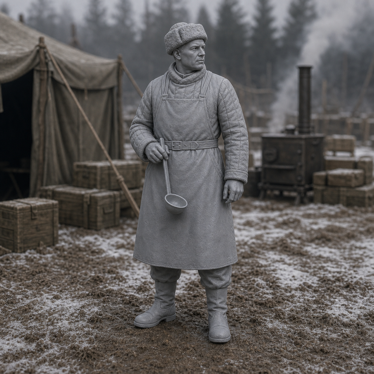 Camp Cook Holding Ladle - WWII Soviet field-camp cook with a large ladle, 1:35 scale grey resin miniature.