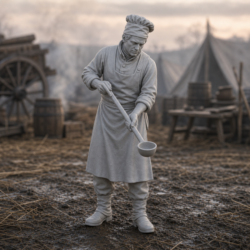 Camp Cook Stirring Ladle - Napoleonic French camp cook stirring a pot with a long ladle, 1:35 scale grey resin miniature.