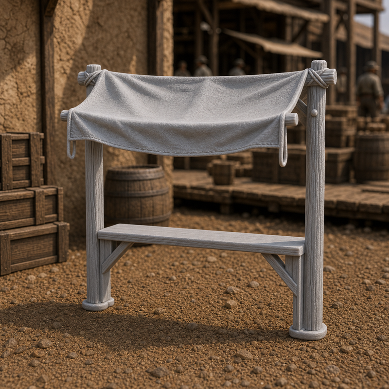 Canvas Awning Stall Section - small colonial market stall fragment with two posts and sagging canvas awning, 1:35 scale grey resin miniature.