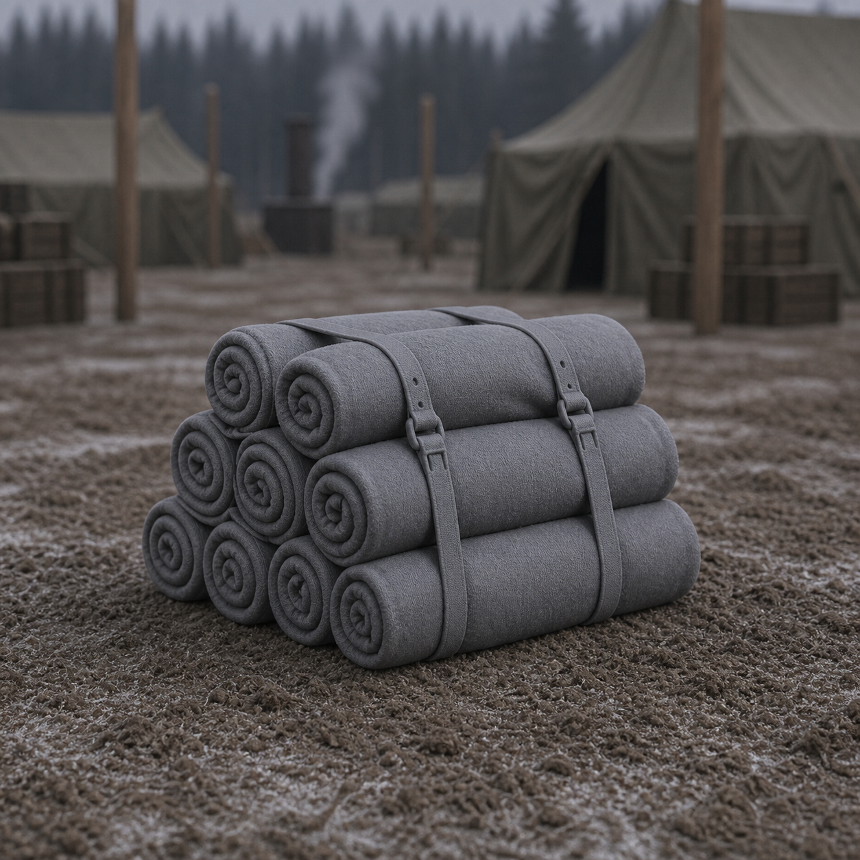 Canvas Bedroll Stack - WWII Soviet rolled canvas bedrolls stacked at a field camp, 1:35 scale grey resin miniature.