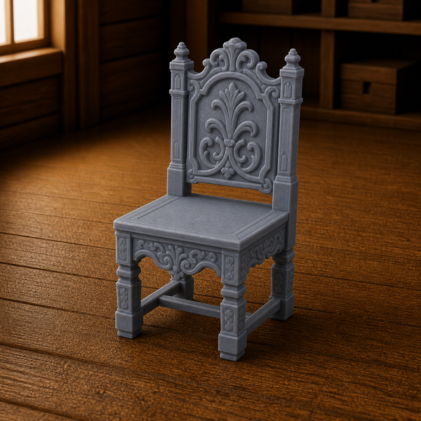 Carved Noble Chair - elaborately carved high-status noble chair with relief panels, 1:35 scale grey resin miniature.