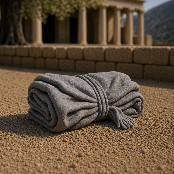 Civic Cloak Bundle - Spartan folded himation cloak bundled on a bench, 1:35 scale grey resin miniature.