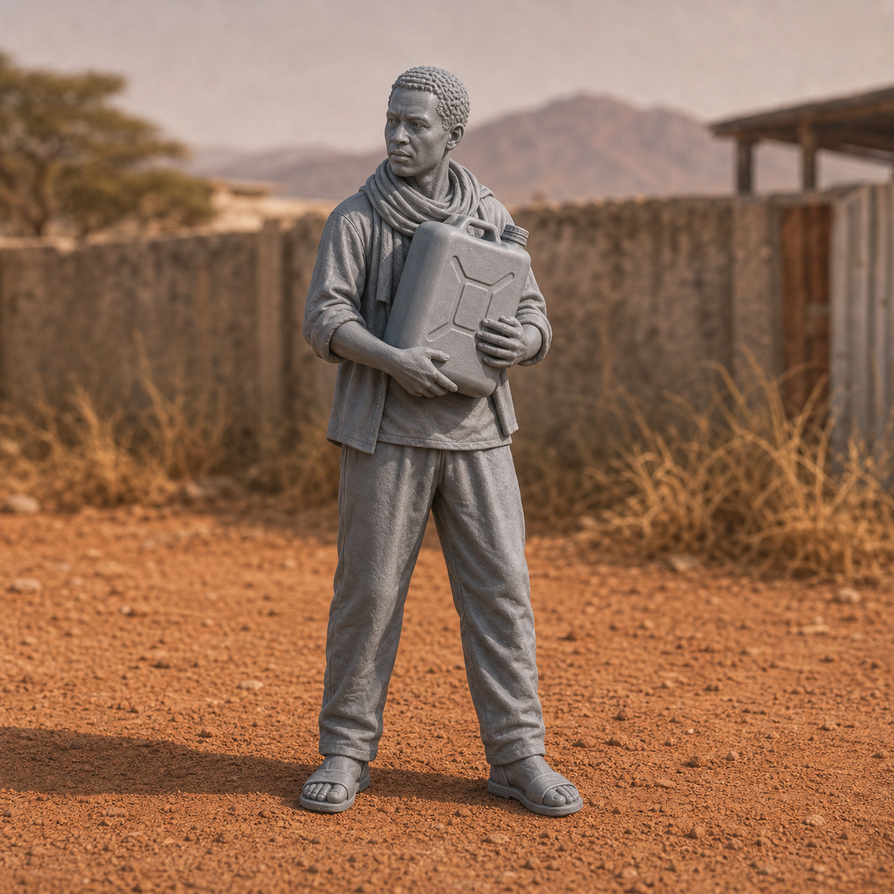 Civilian Water Carrier - modern Sahel civilian carrying a plastic jerrycan of water, 1:35 scale grey resin miniature.