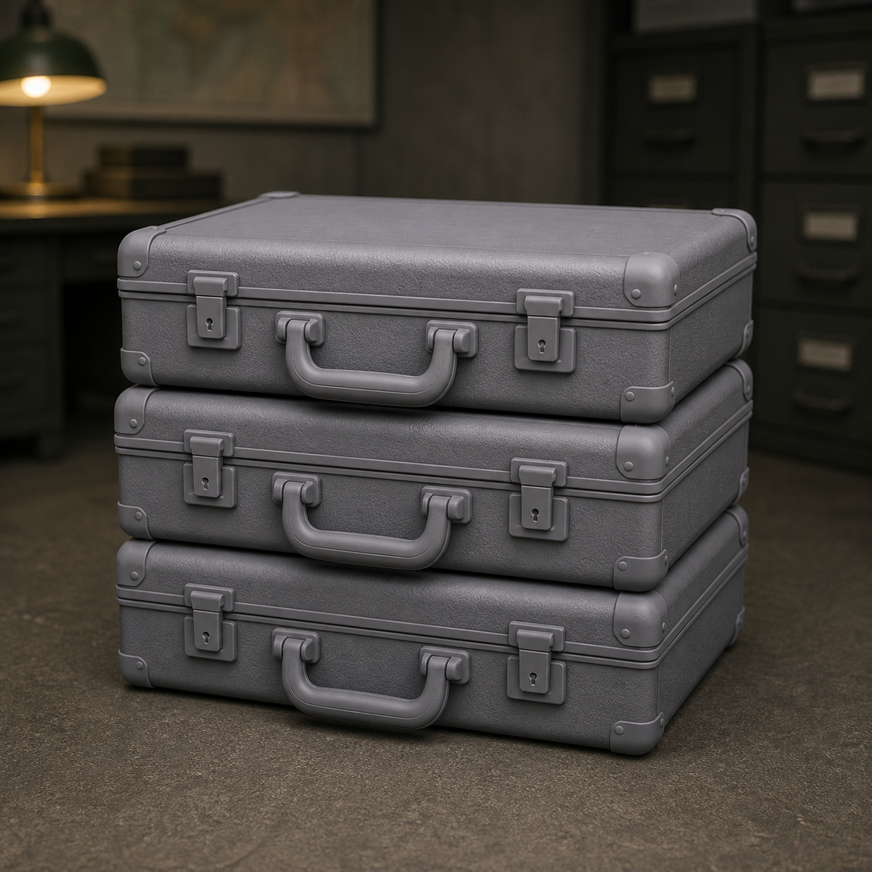 Classified Briefcase Stack - Cold War stack of leather briefcases with seals, 1:35 scale grey resin miniature.