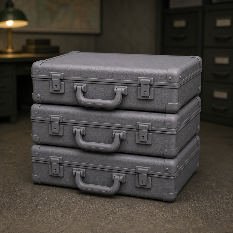 Classified Briefcase Stack - Cold War stack of leather briefcases with seals, 1:35 scale grey resin miniature.