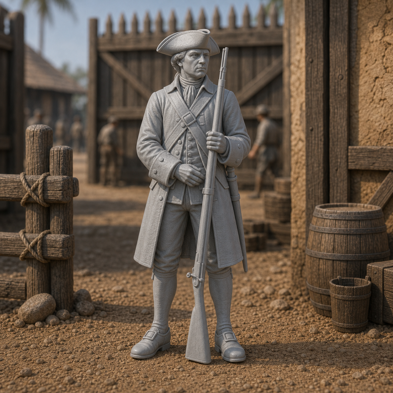 Colonial Militia Sentry - modest colonial sentry in tricorn hat and long coat with shouldered musket, 1:35 scale grey resin miniature.