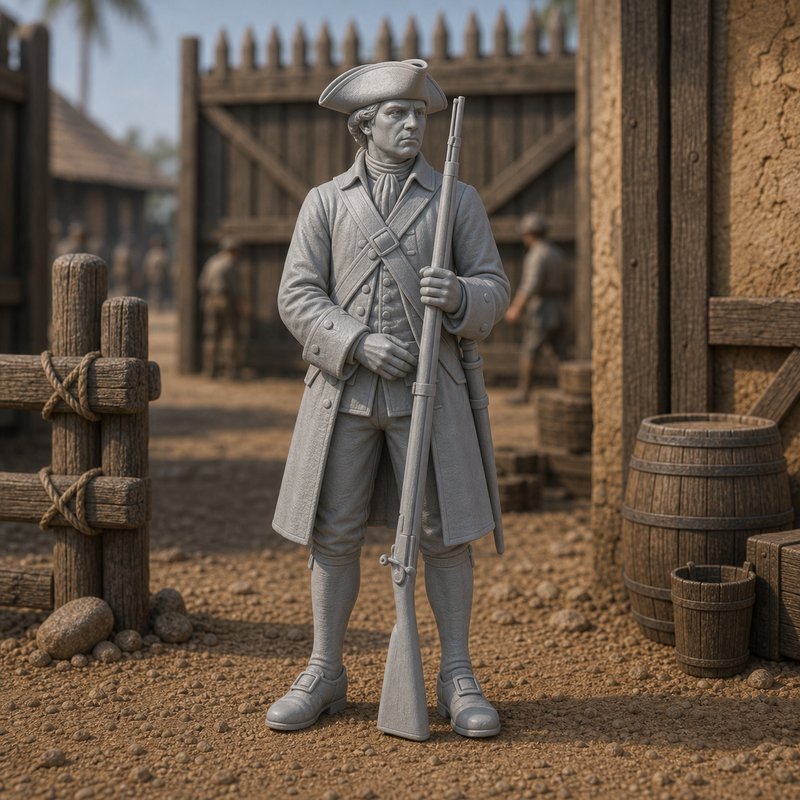Colonial Militia Sentry - modest colonial sentry in tricorn hat and long coat with shouldered musket, 1:35 scale grey resin miniature.