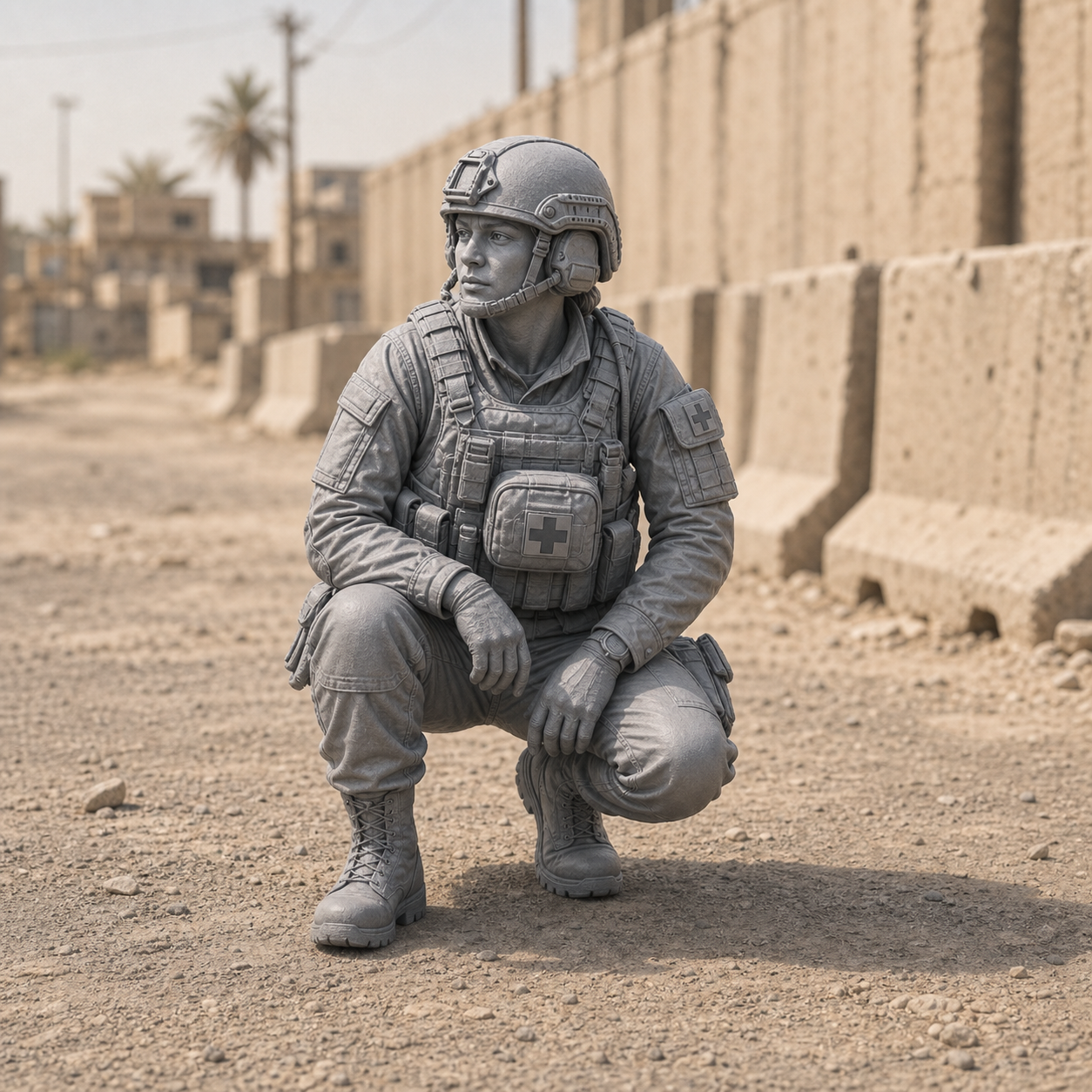Combat Medic Crouched - modern combat medic crouched with aid bag open, 1:35 scale grey resin miniature.