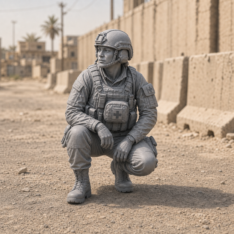 Combat Medic Crouched - modern combat medic crouched with aid bag open, 1:35 scale grey resin miniature.