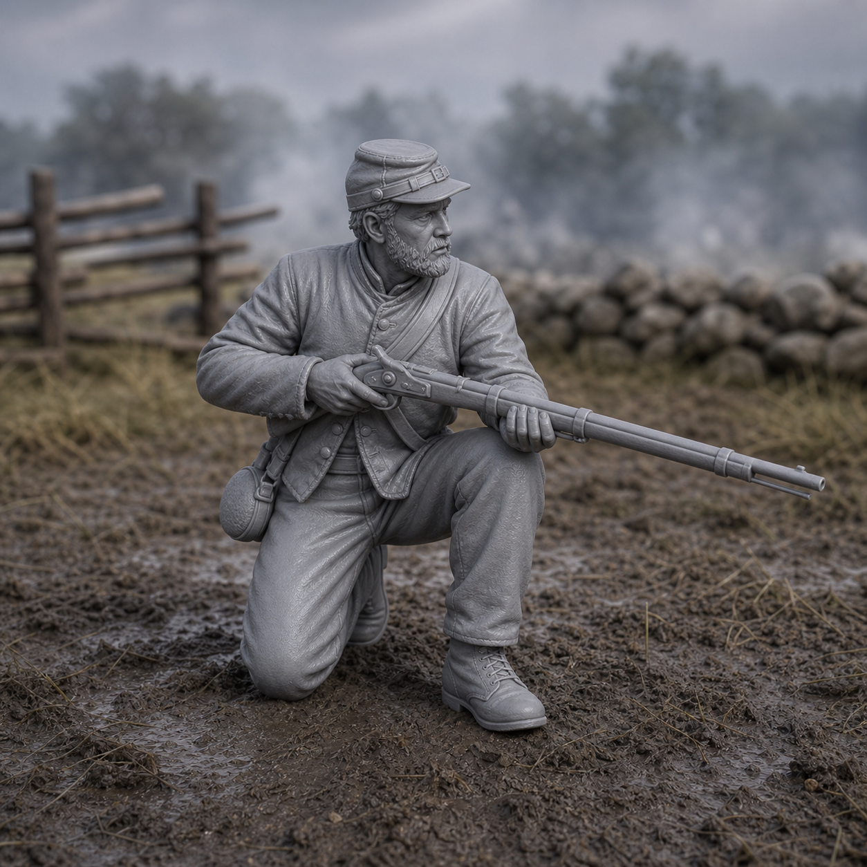 Confederate Skirmisher Kneeling - American Civil War Confederate infantryman kneeling and firing, 1:35 scale grey resin miniature.