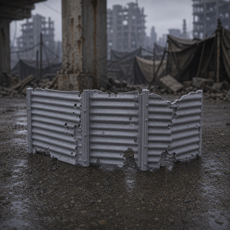 Corrugated Metal Windbreak - near-future apocalypse improvised corrugated metal windbreak with salvaged supports, 1:35 scale grey resin miniature.
