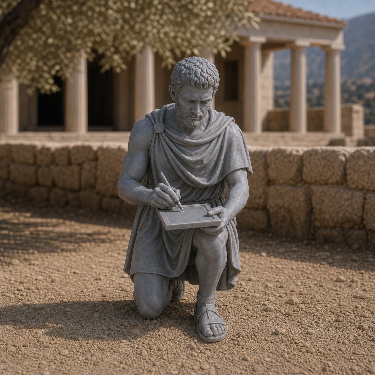 Council Scribe Kneeling - Spartan council scribe kneeling with wax tablet, 1:35 scale grey resin miniature.