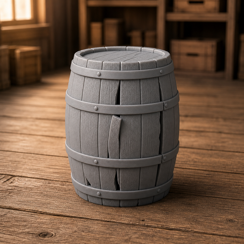 Cracked Stave Barrel - broken-stave barrel with split side, 1:35 scale grey resin miniature.