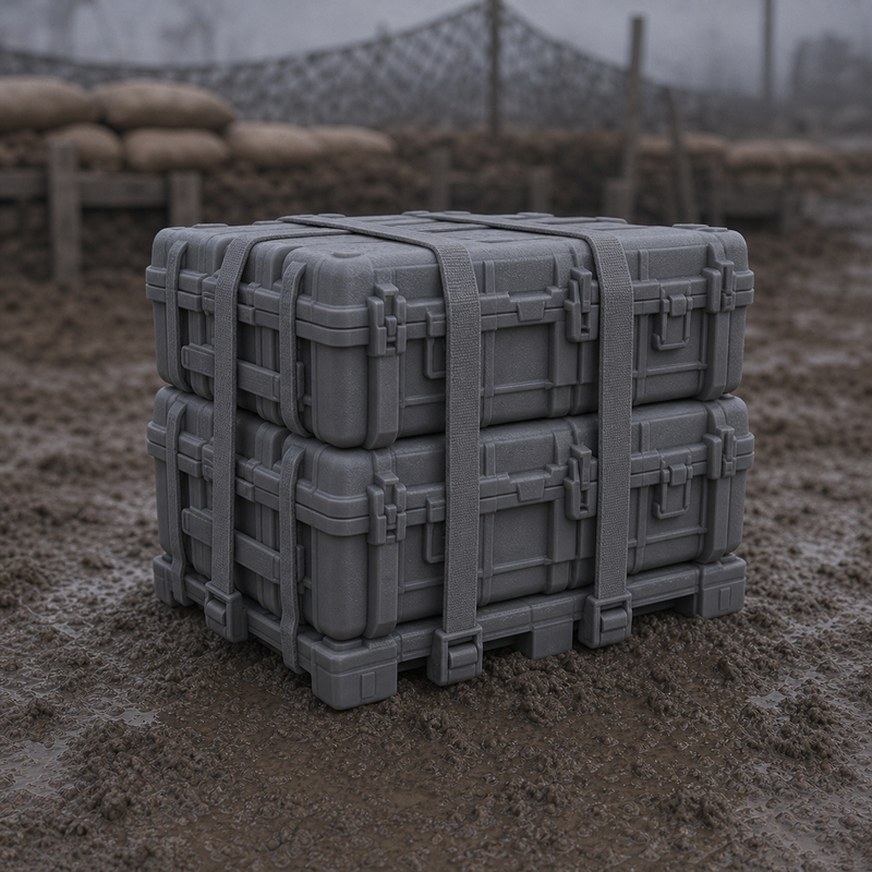 Drone Battery Crate Stack - stack of plastic crates with drone batteries and chargers, 1:35 scale grey resin miniature.