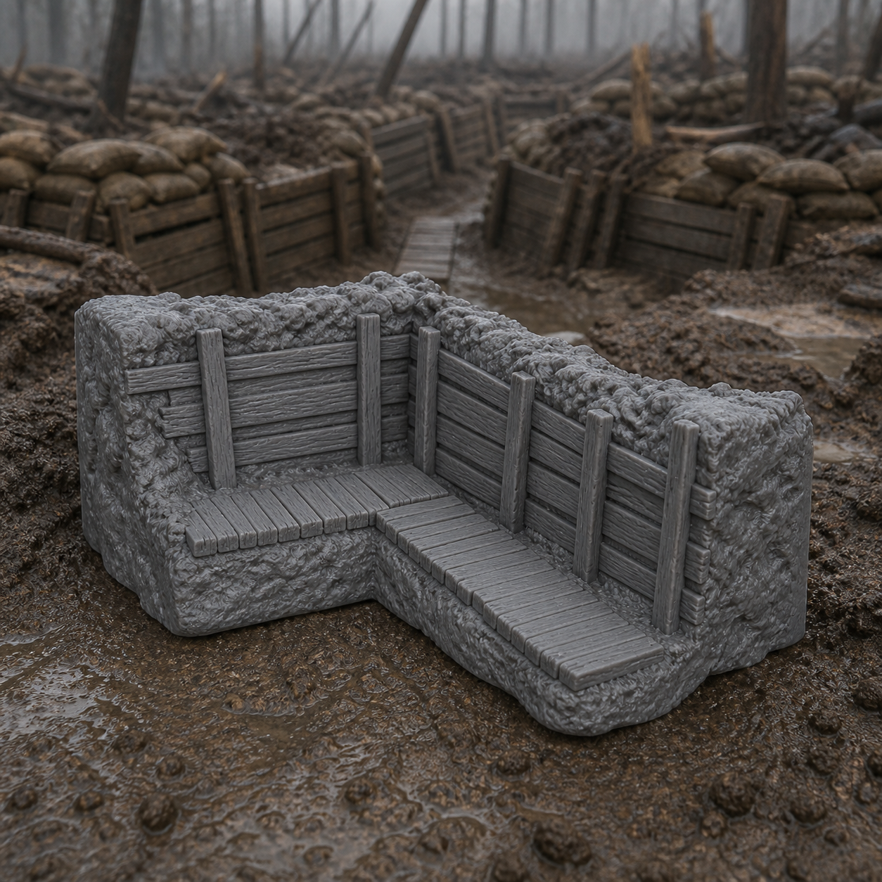 Duckboard Trench Corner - WW1 right-angle trench corner with timber duckboards over mud, 1:35 scale grey resin miniature.