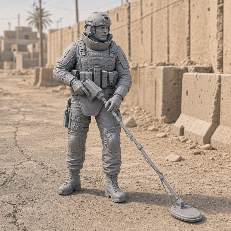 EOD Tech With Detector - modern EOD technician sweeping with metal detector, 1:35 scale grey resin miniature.