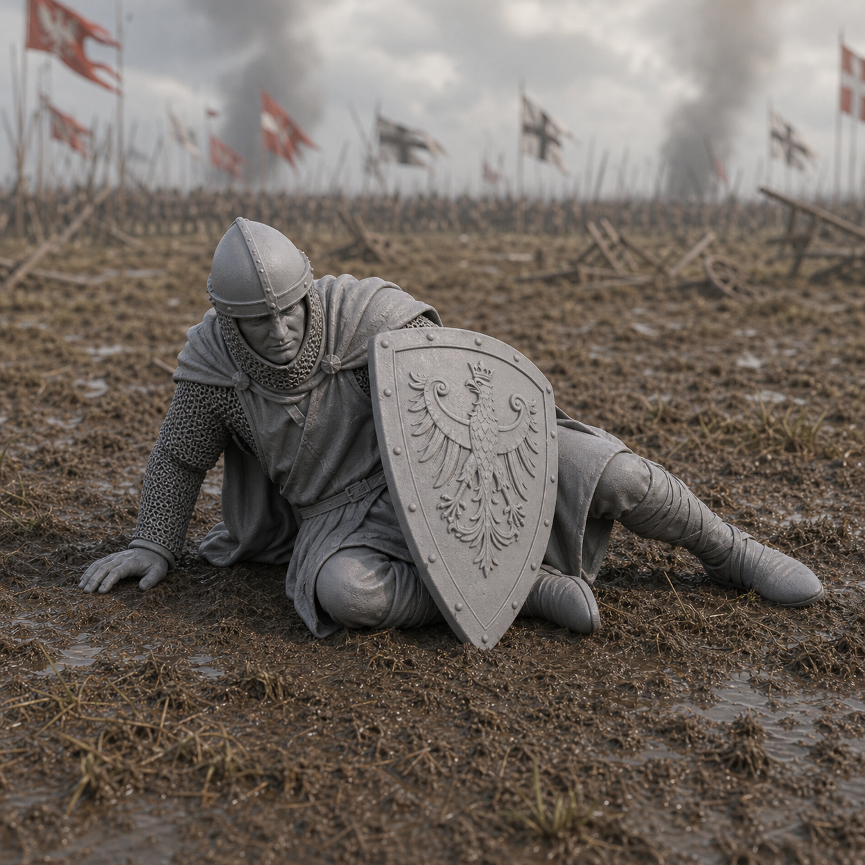 Fallen Shield Bearer - 15th century shield bearer fallen on the battlefield at Grunwald, 1:35 scale grey resin miniature.