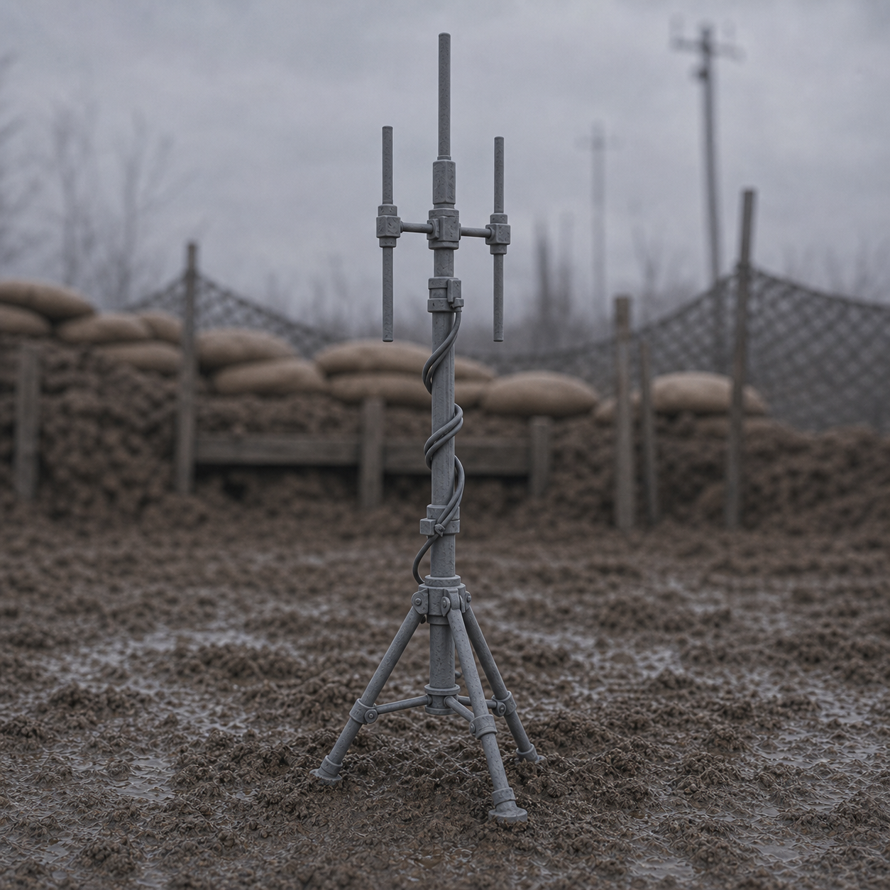 Field Antenna Mast - portable field antenna mast with guy lines, 1:35 scale grey resin miniature.
