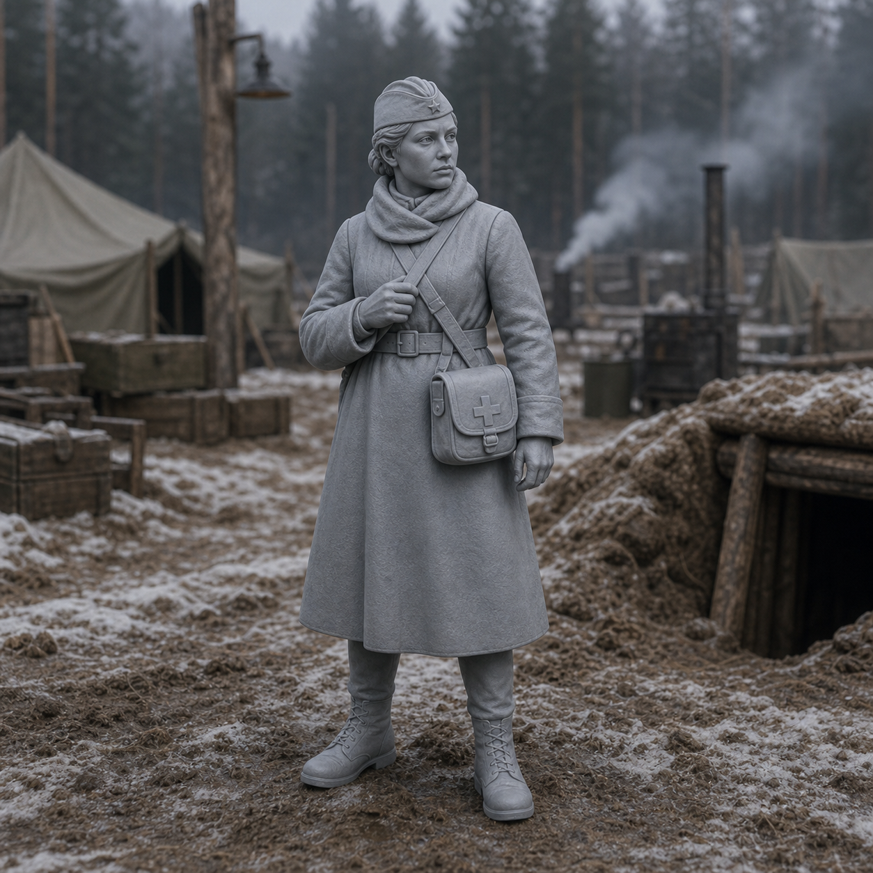 Field Medic With Satchel - WWII Red Army field medic with shoulder satchel, 1:35 scale grey resin miniature.