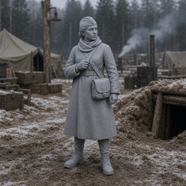 Field Medic With Satchel - WWII Red Army field medic with shoulder satchel, 1:35 scale grey resin miniature.