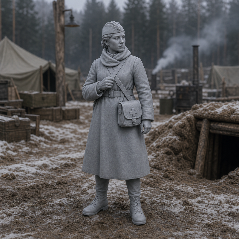 Field Medic With Satchel - WWII Red Army field medic with shoulder satchel, 1:35 scale grey resin miniature.