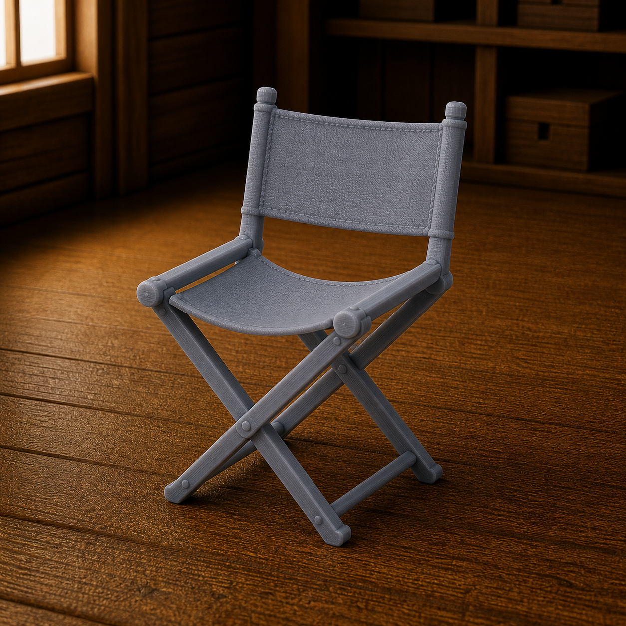 Folding Campaign Chair - officer's folding campaign chair with X-frame and canvas seat, 1:35 scale grey resin miniature.