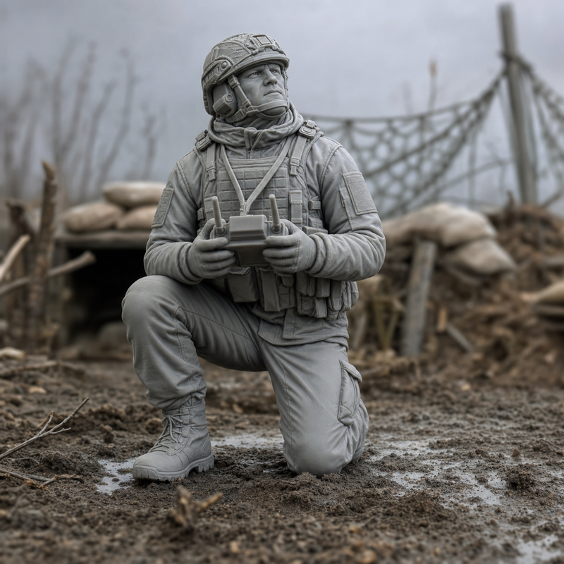 FPV Drone Operator Kneeling - Ukrainian FPV drone operator kneeling with goggles and controller, 1:35 scale grey resin miniature.