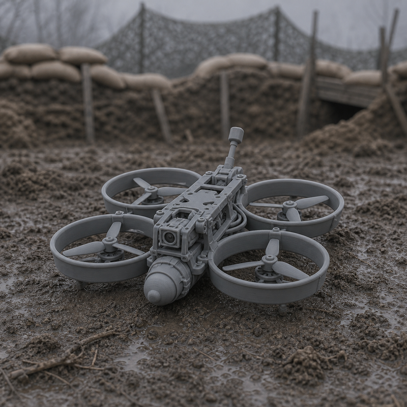 FPV Strike Drone - Ukrainian racing-quadcopter FPV strike drone with explosive payload, 1:35 scale grey resin miniature.