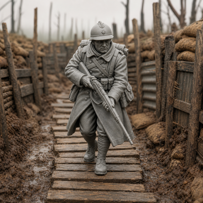 French Rifleman On Duckboards - WW1 poilu in horizon-blue greatcoat standing on trench duckboards with rifle, 1:35 scale grey resin miniature.