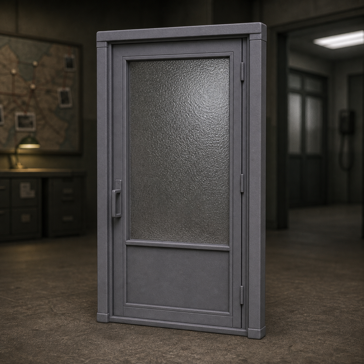 Frosted Glass Door Frame - Cold War Soviet office frosted glass door frame fragment, 1:35 scale grey resin miniature.
