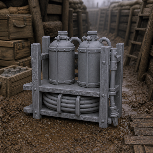 Fuel Canister And Hose Rack - WW1 timber rack with metal fuel canisters and coiled hose, 1:35 scale grey resin miniature.