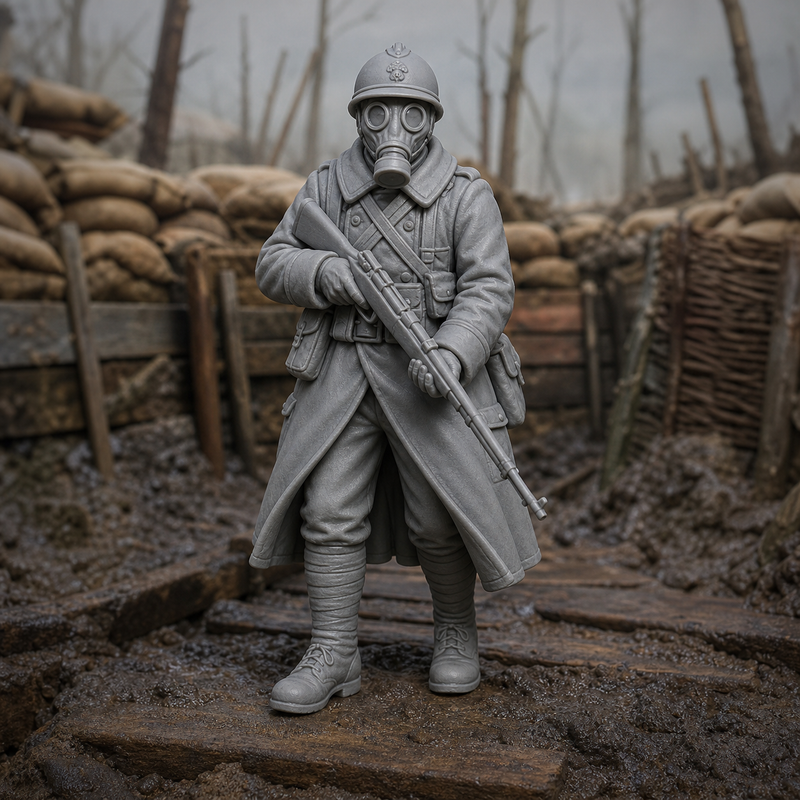 Gas Mask Sentry - WW1 trench sentry in greatcoat and gas mask on watch, 1:35 scale grey resin miniature.